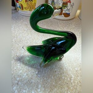 Vintage Kreiss Emerald and Ebony Glass Swan Figurine Paperweight Animal Duck